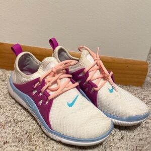 Nike Cream Sneakers with Pink Laces, Purple Cage & Blue Swoosh